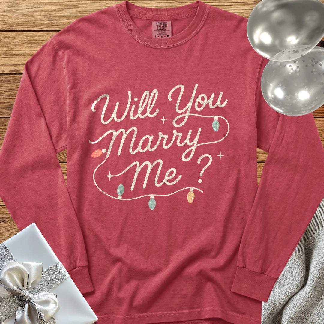 Will You Marry Me? (Christmas Lights) - Premium Christmas Proposal Long Sleeve T-Shirt - Crimson