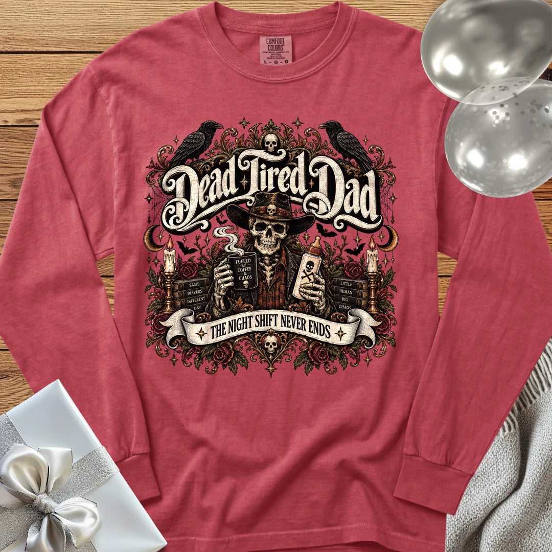 Dead Tired Dad, The Night Shift Never Ends - Premium Halloween Parenting Long Sleeve T-Shirt - Crimson