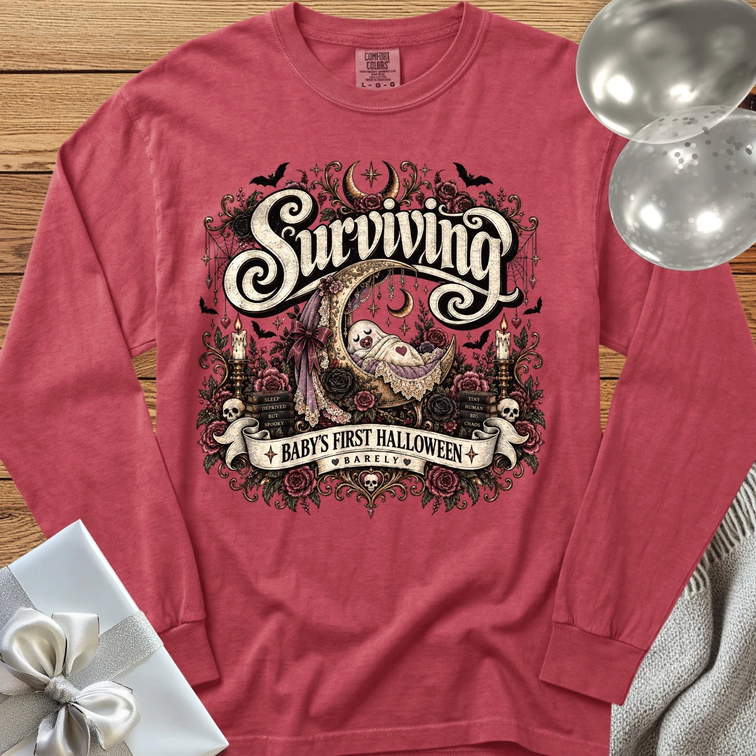 Surviving Baby's First Halloween, Barely - Premium Halloween New Parent Long Sleeve T-Shirt - Crimson