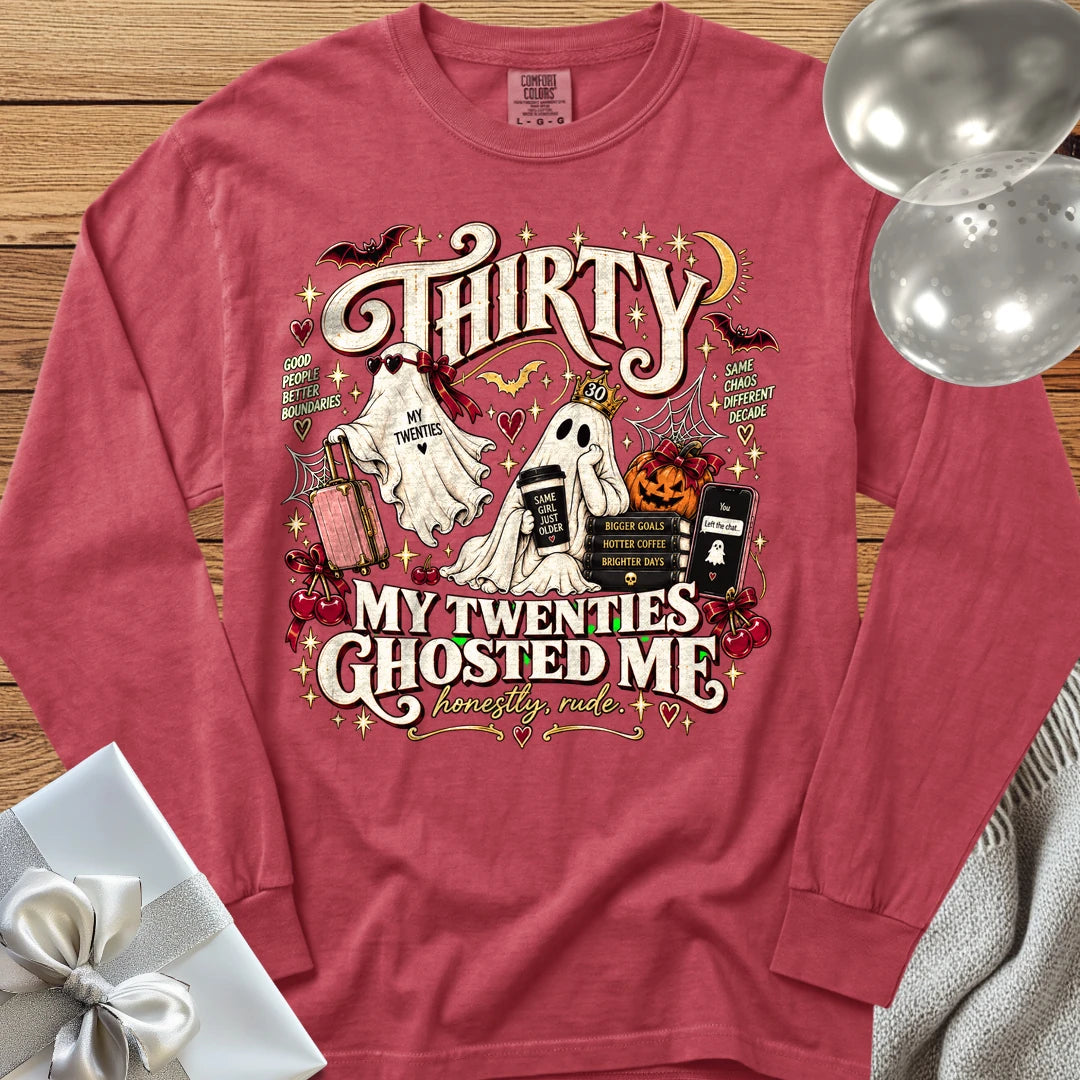 Thirty, My Twenties Ghosted Me - Premium Halloween 30th Birthday Long Sleeve T-Shirt - Crimson