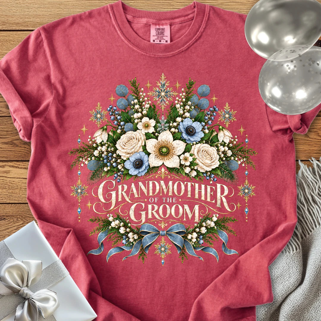 Grandmother of the Groom - Premium Winter Botanical Wedding T-Shirt - Crimson
