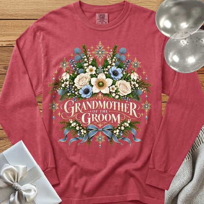 Grandmother of the Groom - Premium Winter Botanical Wedding Long Sleeve T-Shirt - Crimson