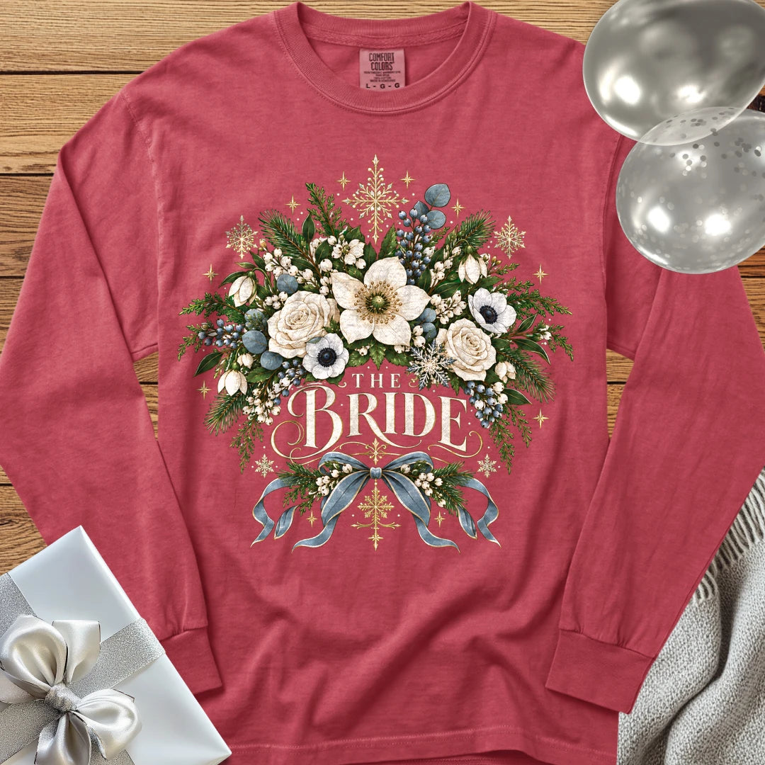 The Bride - Premium Winter Botanical Wedding Long Sleeve T-Shirt - Crimson