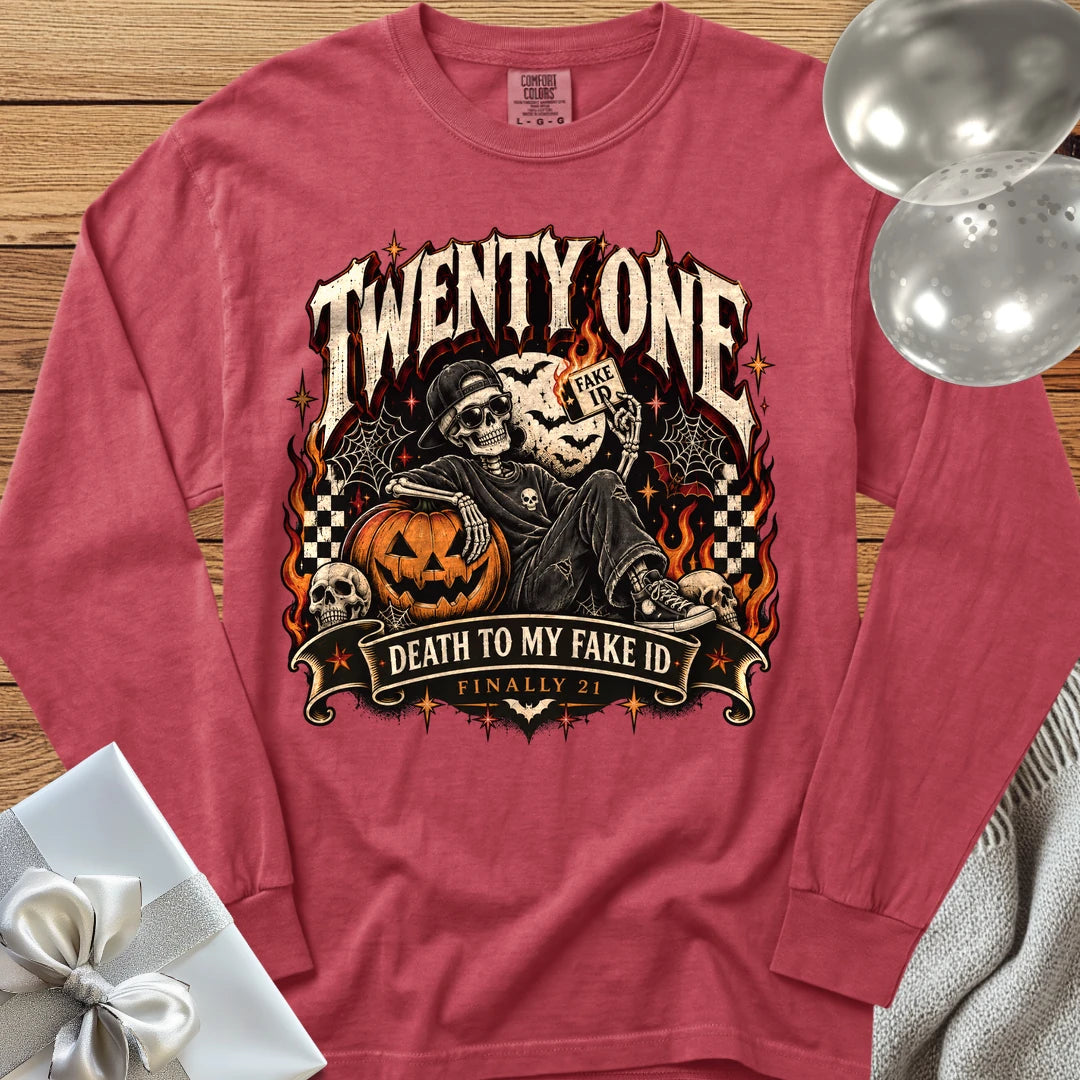 Twenty One: Death to My Fake ID - Premium Halloween 21st Birthday Long Sleeve T-Shirt - Crimson