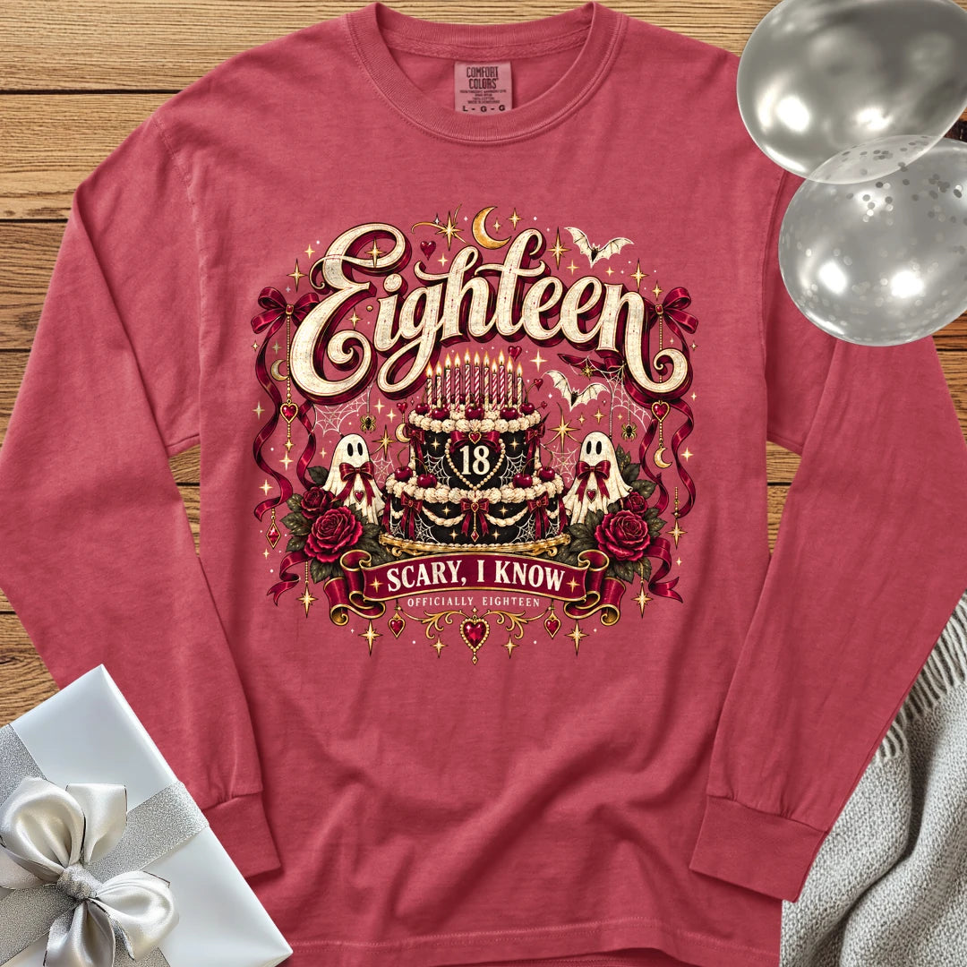 Eighteen - Scary, I Know - Premium Halloween 18th Birthday Long Sleeve T-Shirt - Crimson
