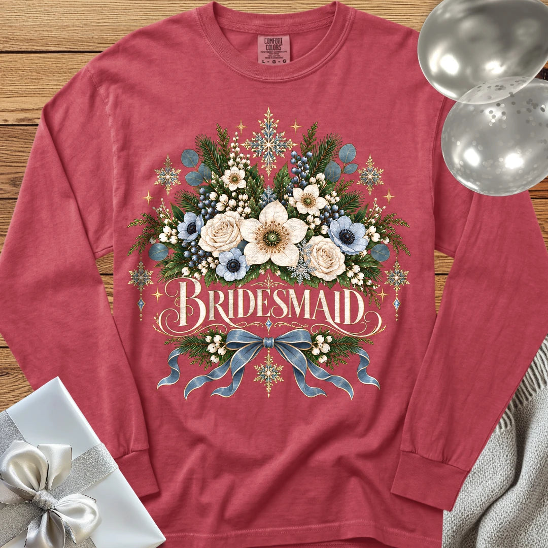 Bridesmaid - Premium Winter Botanical Wedding Long Sleeve T-Shirt - Crimson