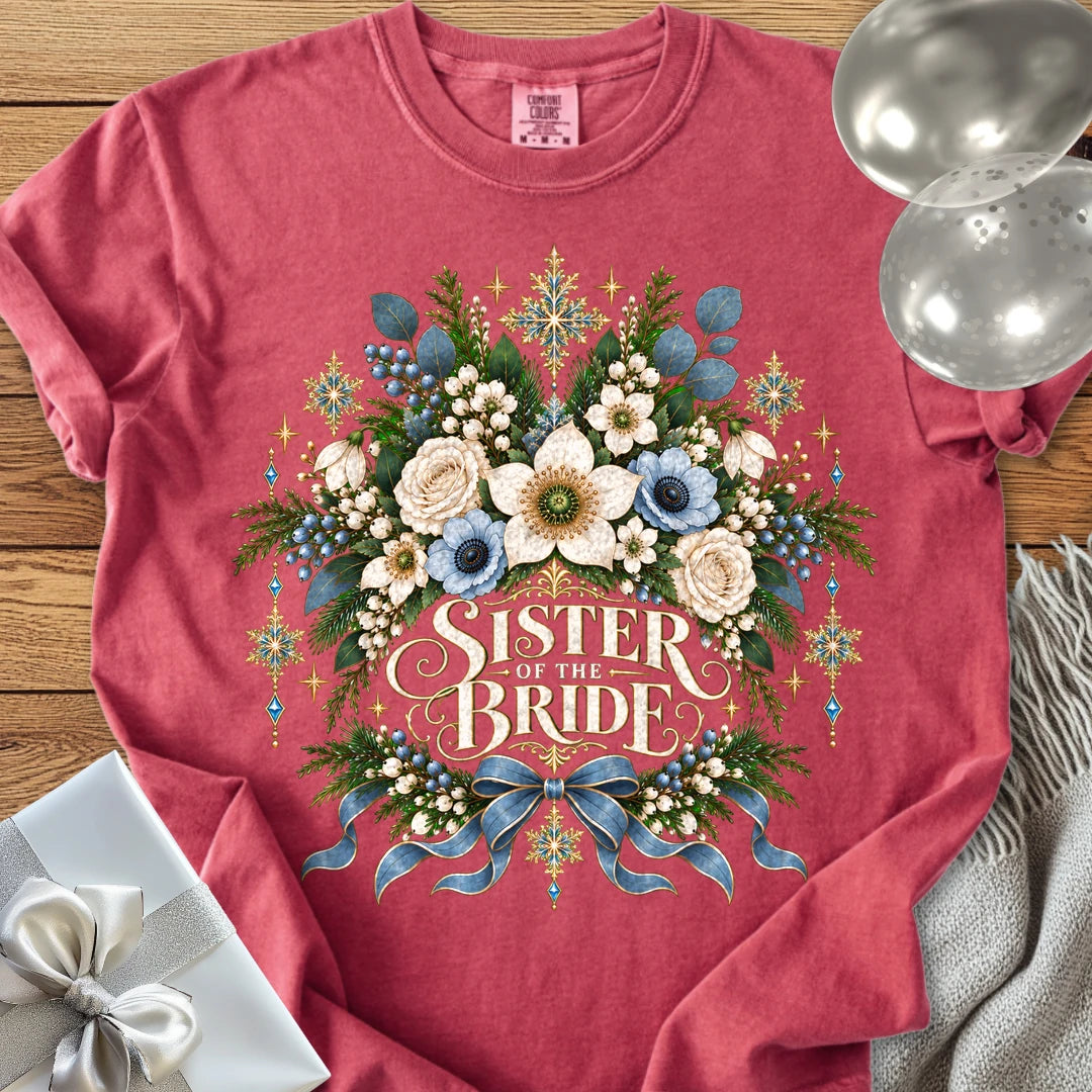 Sister of the Bride - Premium Winter Botanical Wedding T-Shirt - Crimson