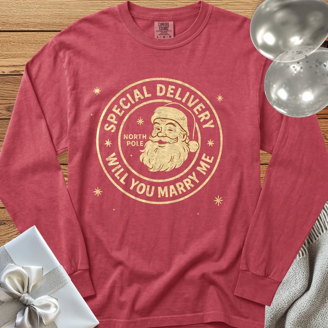 Special Delivery North Pole, Will You Marry Me? - Premium Christmas Proposal Long Sleeve T-Shirt - Crimson