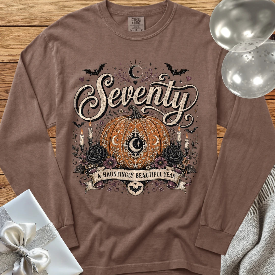 Seventy, A Hauntingly Beautiful Year - Premium Halloween 70th Birthday Long Sleeve T-Shirt - Espresso