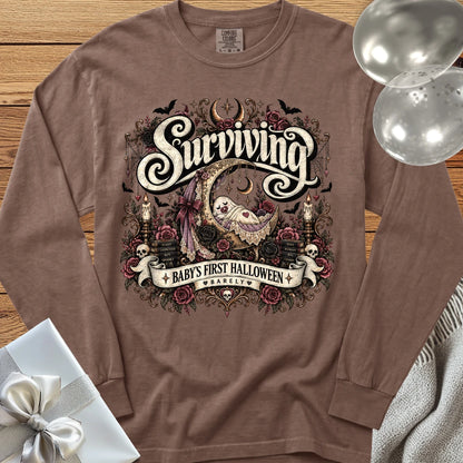 Surviving Baby's First Halloween, Barely - Premium Halloween New Parent Long Sleeve T-Shirt - Espresso