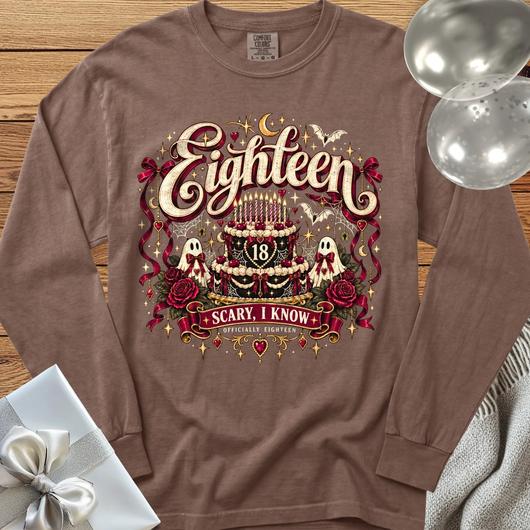 Eighteen - Scary, I Know - Premium Halloween 18th Birthday Long Sleeve T-Shirt - Espresso