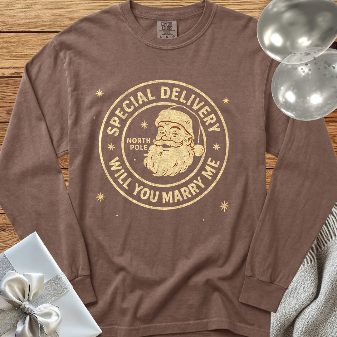 Special Delivery North Pole, Will You Marry Me? - Premium Christmas Proposal Long Sleeve T-Shirt - Espresso