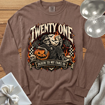 Twenty One: Death to My Fake ID - Premium Halloween 21st Birthday Long Sleeve T-Shirt - Espresso
