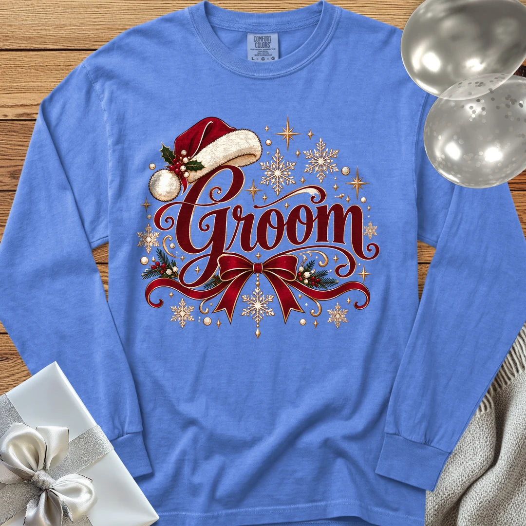 Groom - Premium Christmas Long Sleeve Wedding T-Shirt - Flo Blue