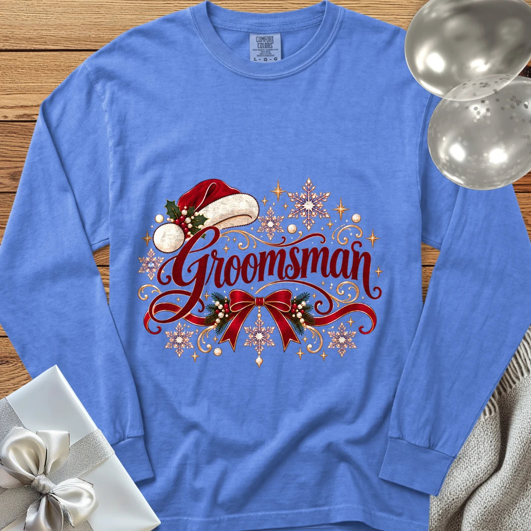 Groomsman - Premium Christmas Long Sleeve Wedding T-Shirt - Flo Blue