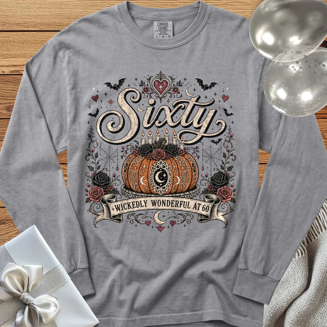 Sixty, Wickedly Wonderful at 60 - Premium Halloween 60th Birthday Long Sleeve T-Shirt - Grey