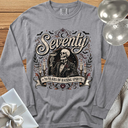 Seventy: 70 Years of Raising Spirits - Premium Halloween 70th Birthday Long Sleeve T-Shirt - Grey