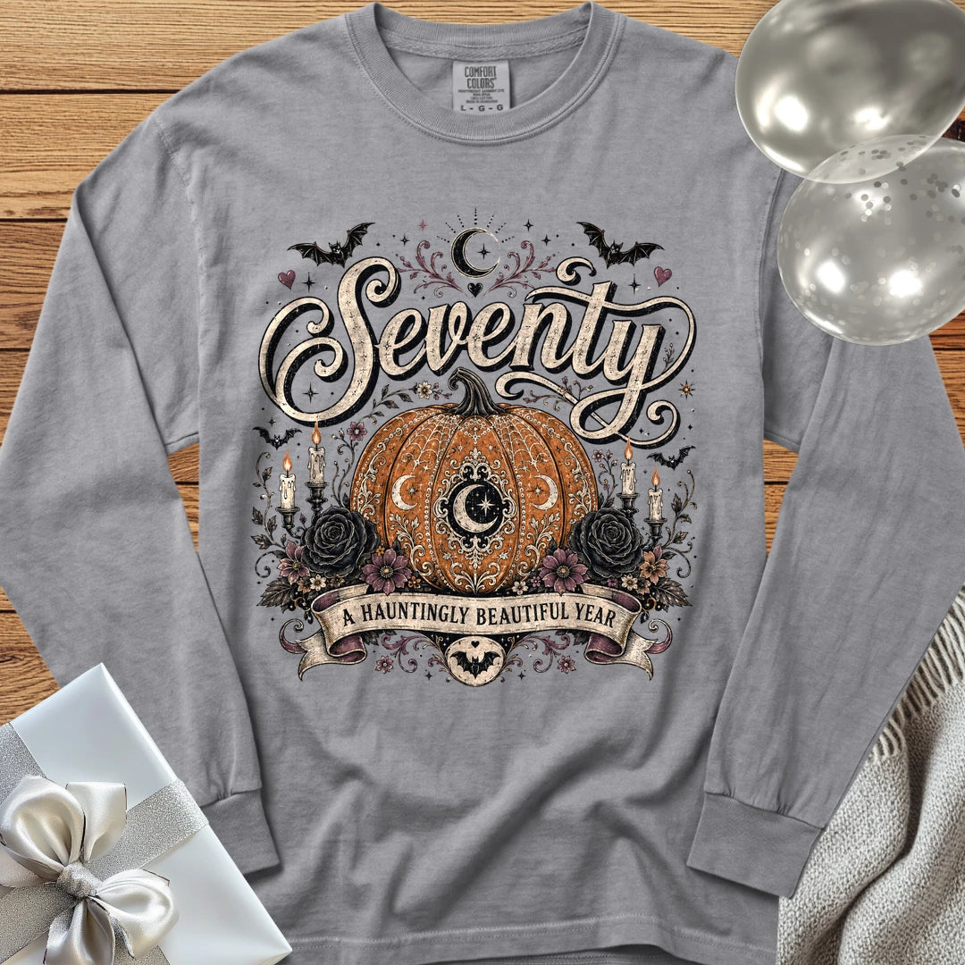 Seventy, A Hauntingly Beautiful Year - Premium Halloween 70th Birthday Long Sleeve T-Shirt - Grey