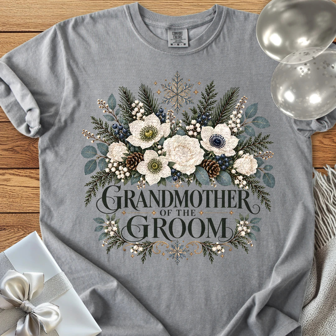 Grandmother of the Groom - Premium Winter Bouquet Wedding T-Shirt - Grey
