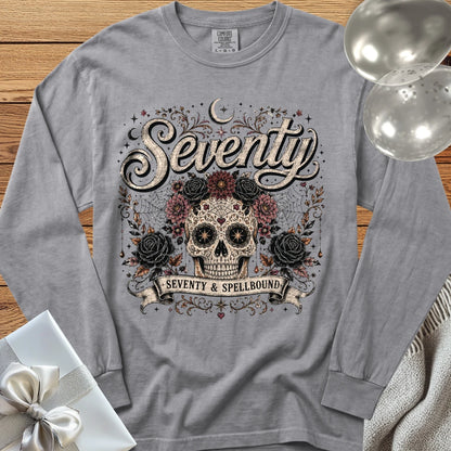 Seventy & Spellbound, Skull Edition - Premium Halloween 70th Birthday Long Sleeve T-Shirt - Grey
