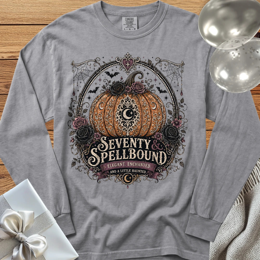 Seventy & Spellbound - Premium Halloween 70th Birthday Long Sleeve T-Shirt - Grey