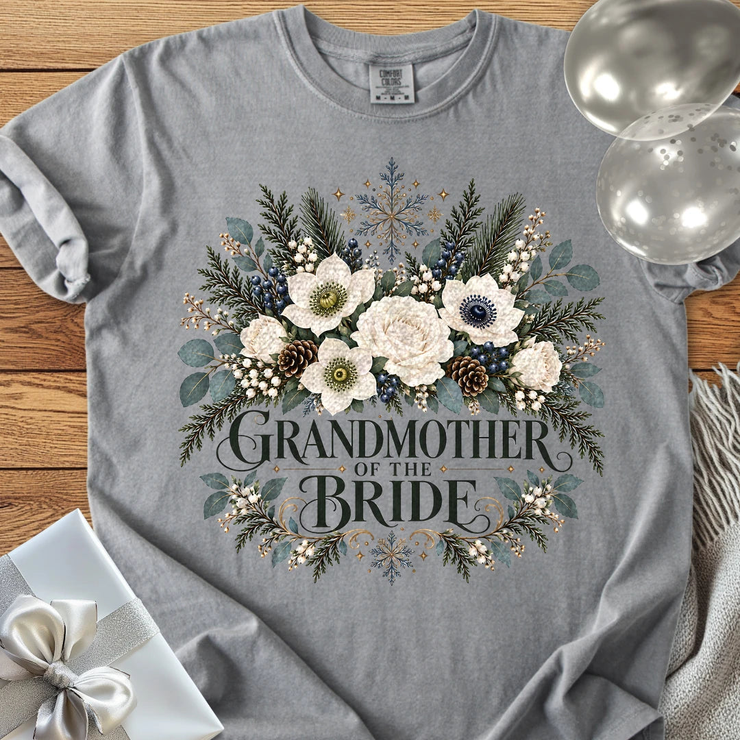 Grandmother of the Bride - Premium Winter Bouquet Wedding T-Shirt - Grey