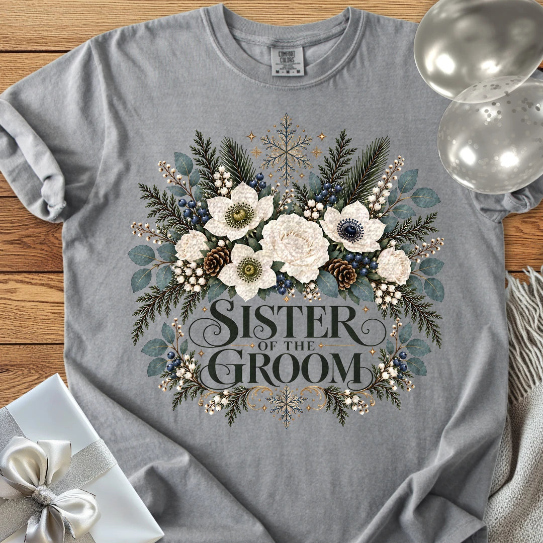 Sister of the Groom - Premium Winter Bouquet Wedding T-Shirt - Grey