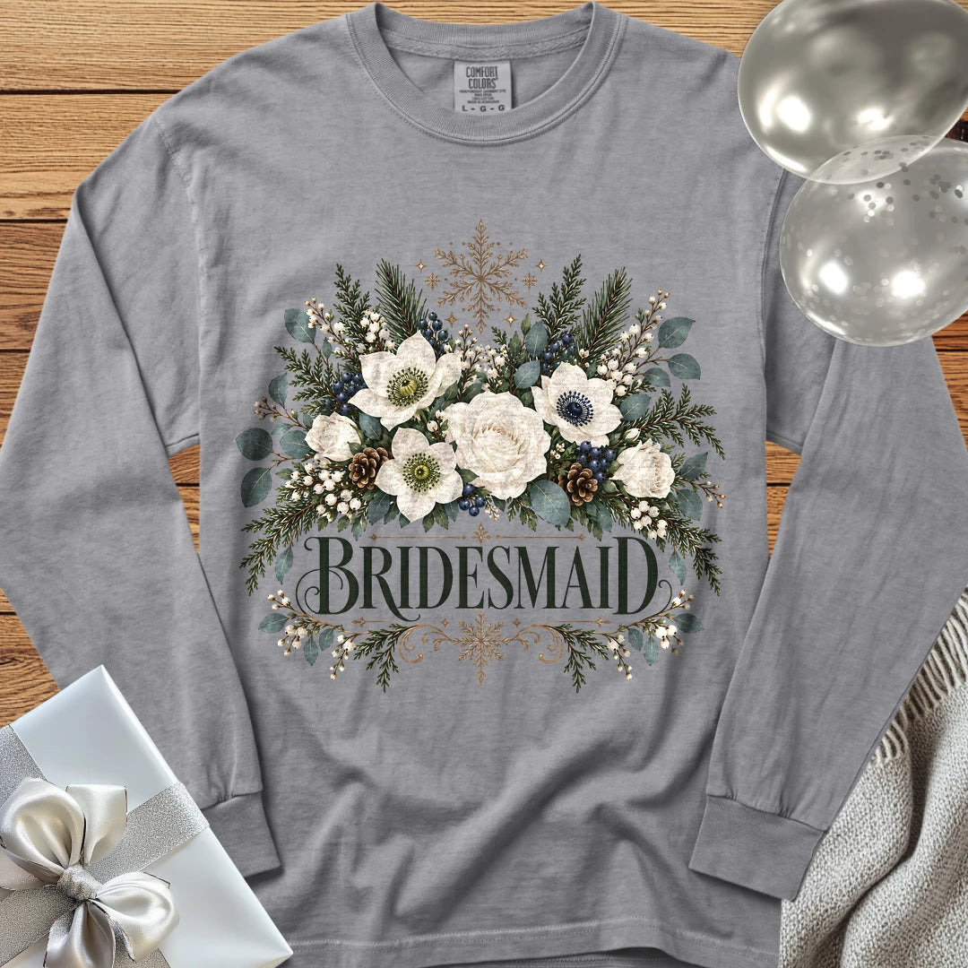Bridesmaid - Premium Winter Bouquet Wedding Long Sleeve T-Shirt - Grey