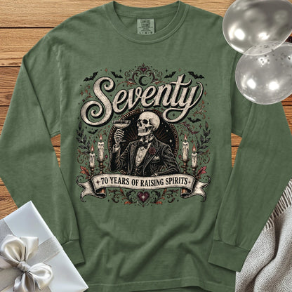 Seventy: 70 Years of Raising Spirits - Premium Halloween 70th Birthday Long Sleeve T-Shirt - Hemp