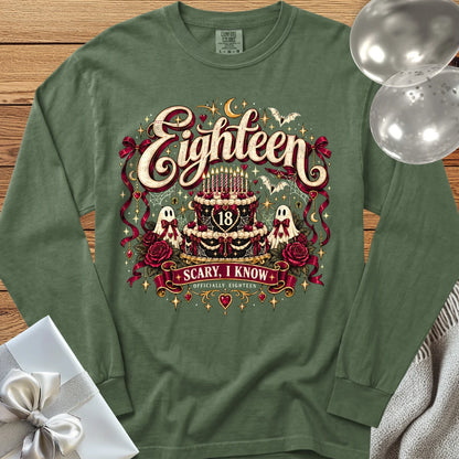 Eighteen - Scary, I Know - Premium Halloween 18th Birthday Long Sleeve T-Shirt - Hemp
