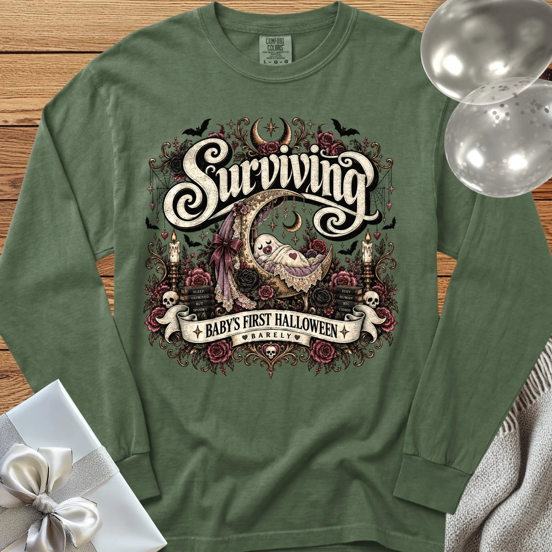 Surviving Baby's First Halloween, Barely - Premium Halloween New Parent Long Sleeve T-Shirt - Hemp