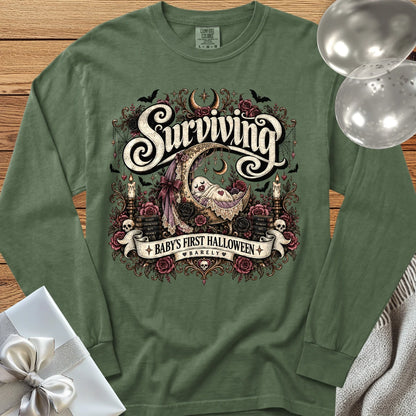Surviving Baby's First Halloween, Barely - Premium Halloween New Parent Long Sleeve T-Shirt - Hemp