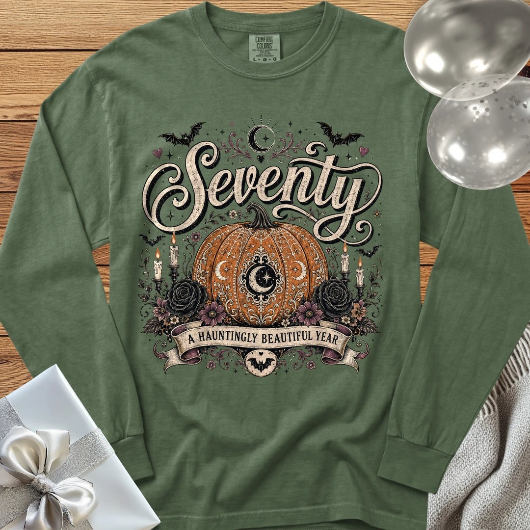 Seventy, A Hauntingly Beautiful Year - Premium Halloween 70th Birthday Long Sleeve T-Shirt - Hemp