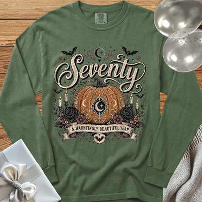 Seventy, A Hauntingly Beautiful Year - Premium Halloween 70th Birthday Long Sleeve T-Shirt - Hemp