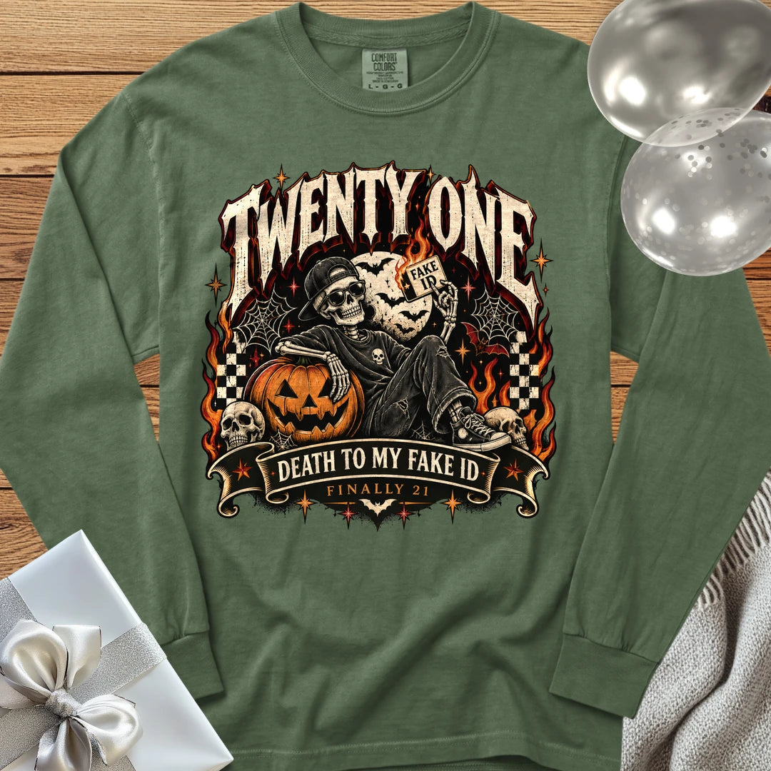 Twenty One: Death to My Fake ID - Premium Halloween 21st Birthday Long Sleeve T-Shirt - Hemp