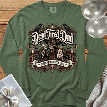 Dead Tired Dad, The Night Shift Never Ends - Premium Halloween Parenting Long Sleeve T-Shirt - Hemp