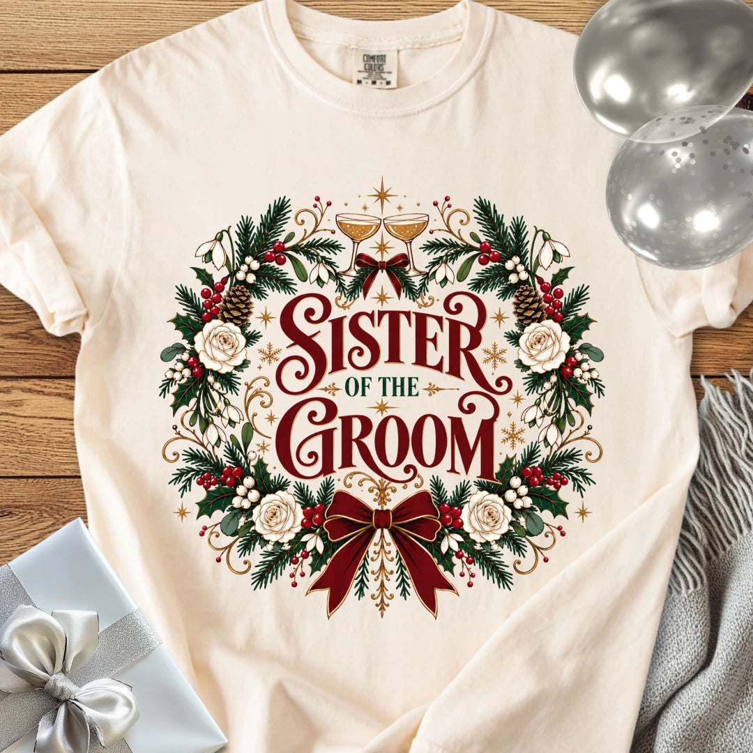 Sister of the Groom - Premium Winter Crest Wedding T-Shirt - Ivory
