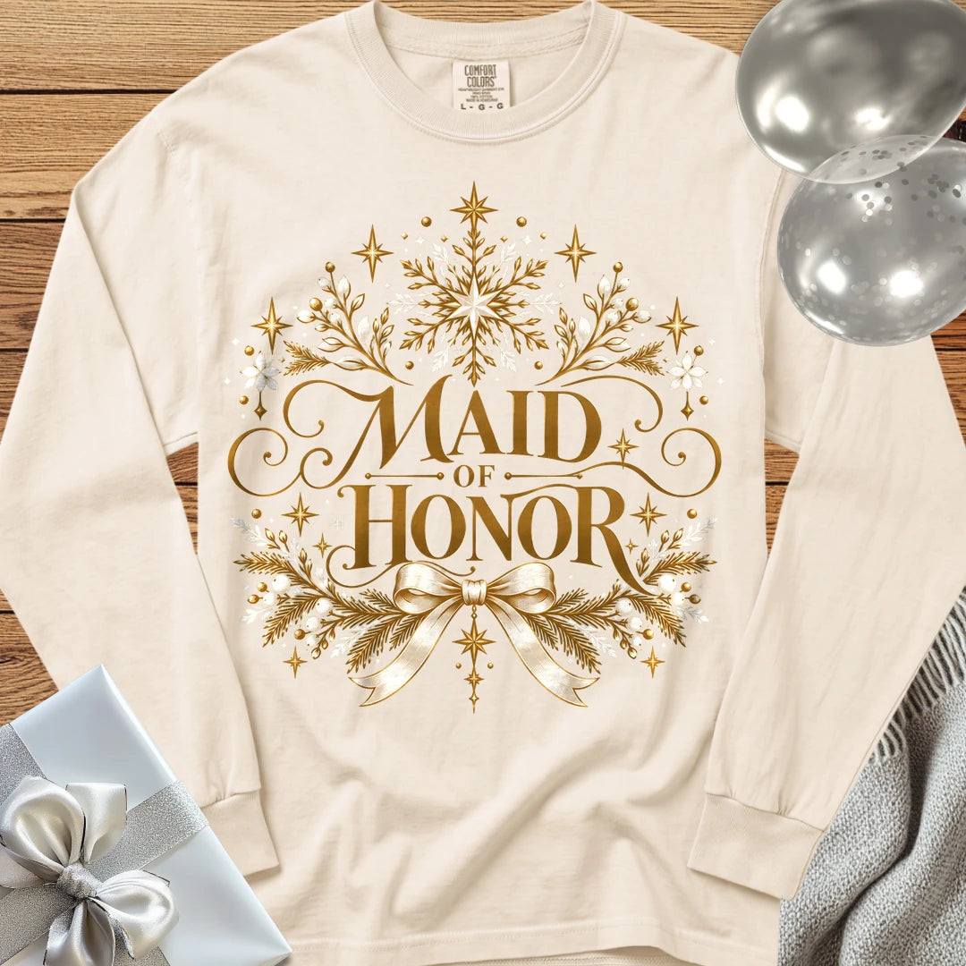 Maid of Honor - Premium Winter Sparkle Wedding Long Sleeve T-Shirt - Ivory
