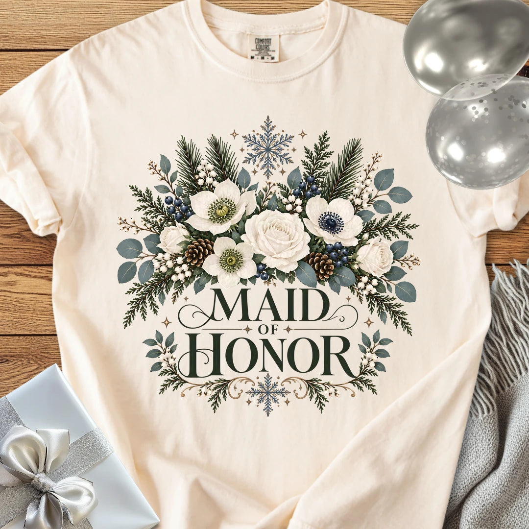 Maid of Honor - Premium Winter Bouquet Wedding T-Shirt - Ivory
