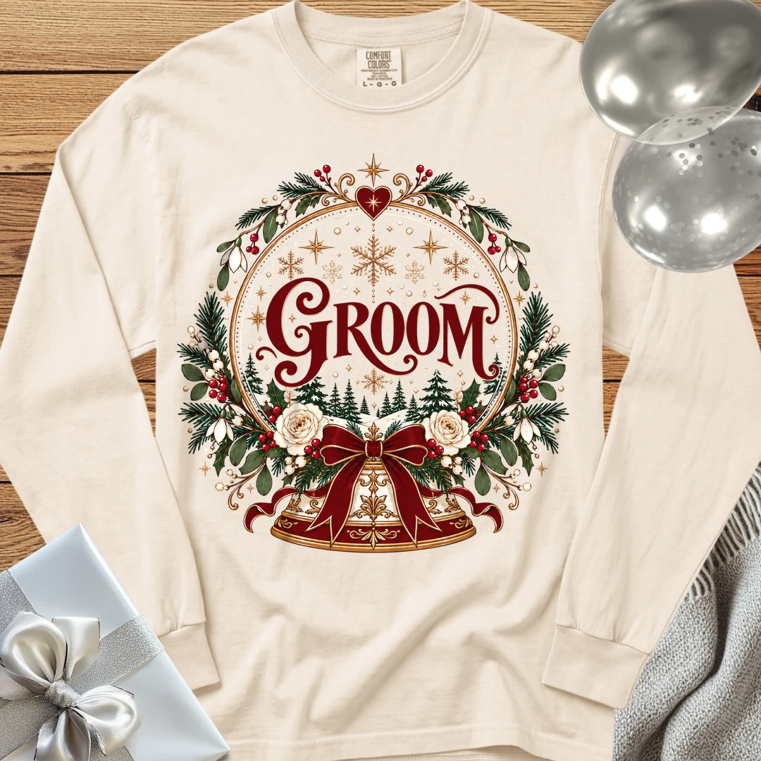 Groom - Premium Snowglobe Wedding Long Sleeve T-Shirt - Ivory