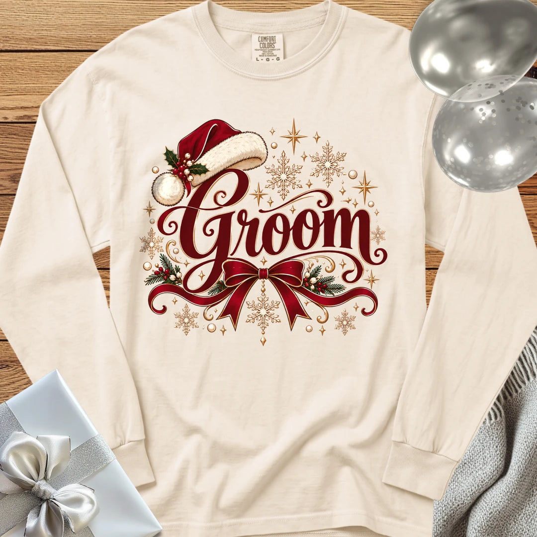 Groom - Premium Christmas Long Sleeve Wedding T-Shirt - Ivory