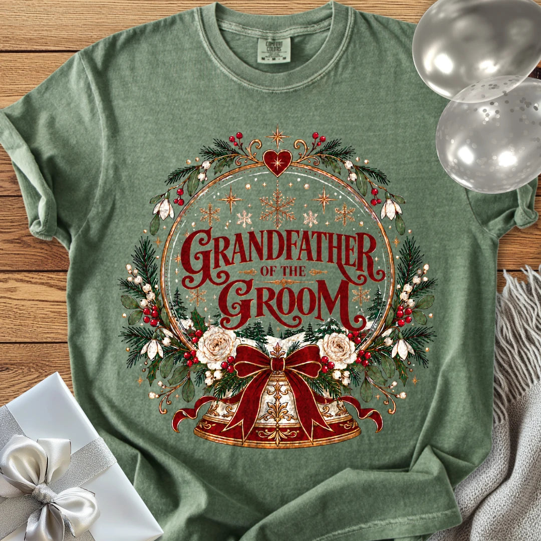 Grandfather of the Groom - Premium Snowglobe Wedding T-Shirt - Moss