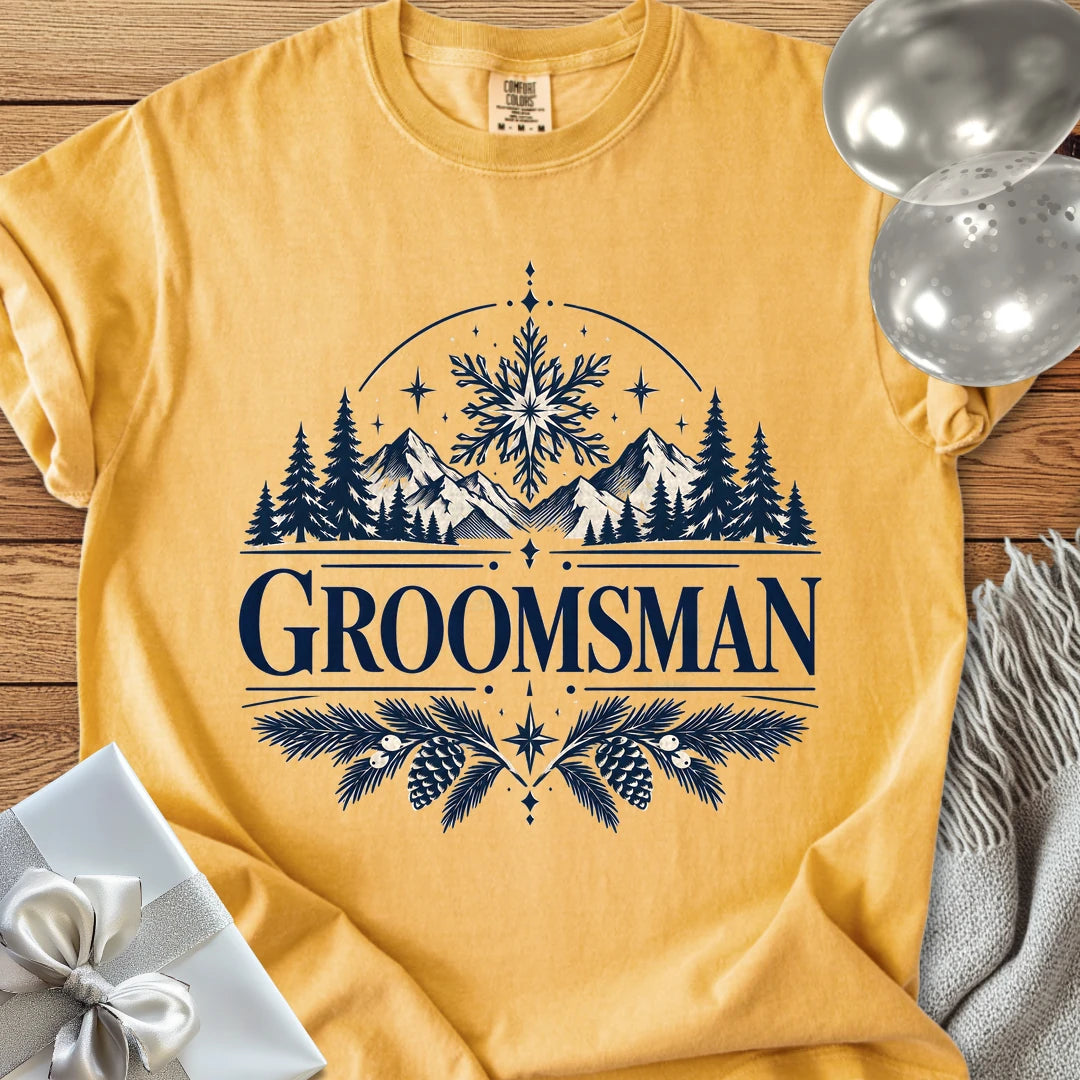 Groomsman - Premium Winter Peaks Wedding T-Shirt - Mustard
