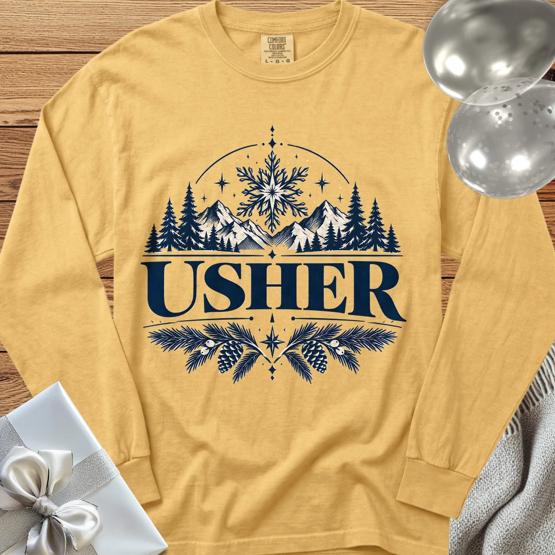 Usher - Premium Winter Peaks Wedding Long Sleeve T-Shirt - Mustard