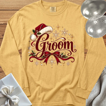 Groom - Premium Christmas Long Sleeve Wedding T-Shirt - Mustard