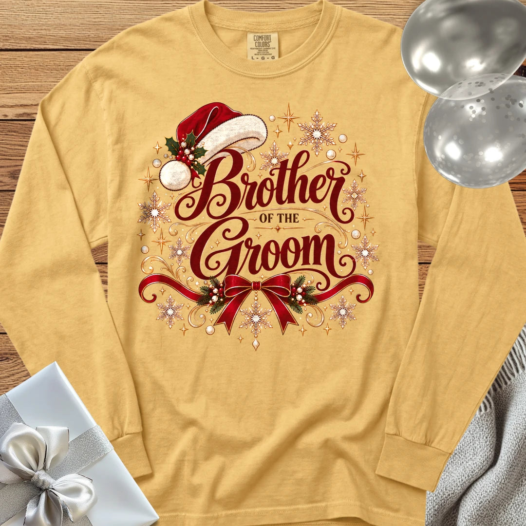 Brother of the Groom - Premium Christmas Long Sleeve Wedding T-Shirt - Mustard