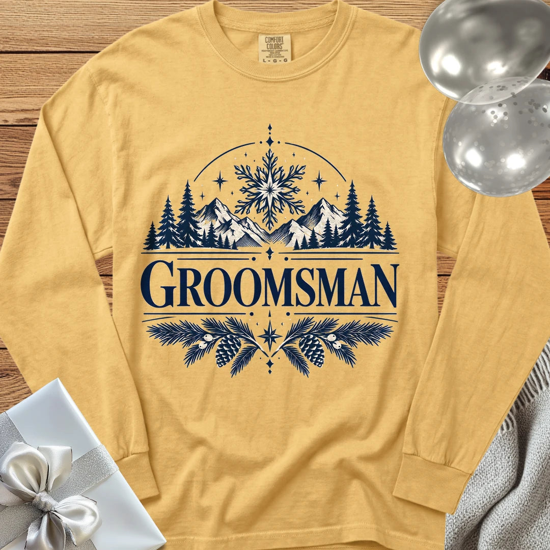 Groomsman - Premium Winter Peaks Wedding Long Sleeve T-Shirt - Mustard
