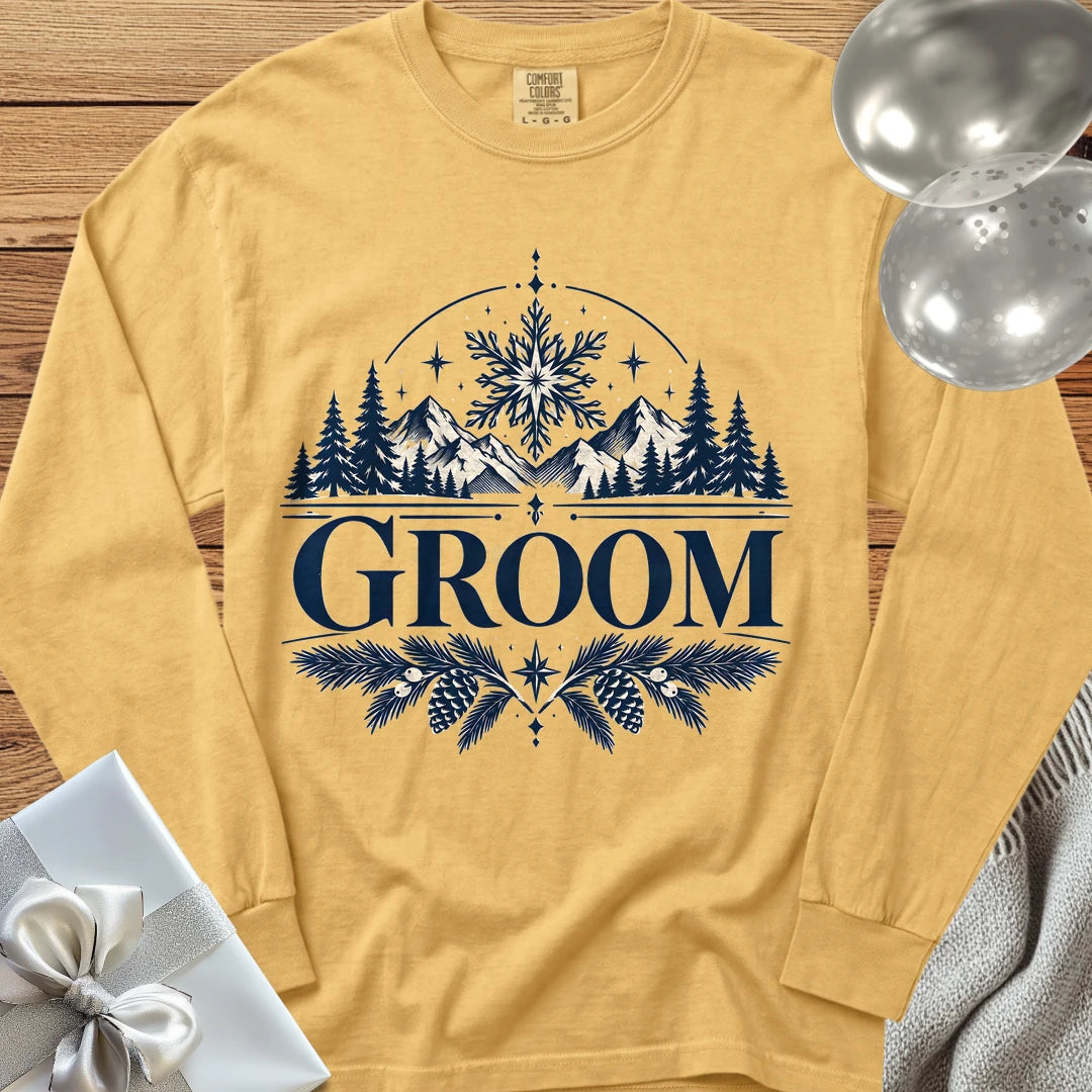 Groom - Premium Winter Peaks Wedding Long Sleeve T-Shirt - Mustard