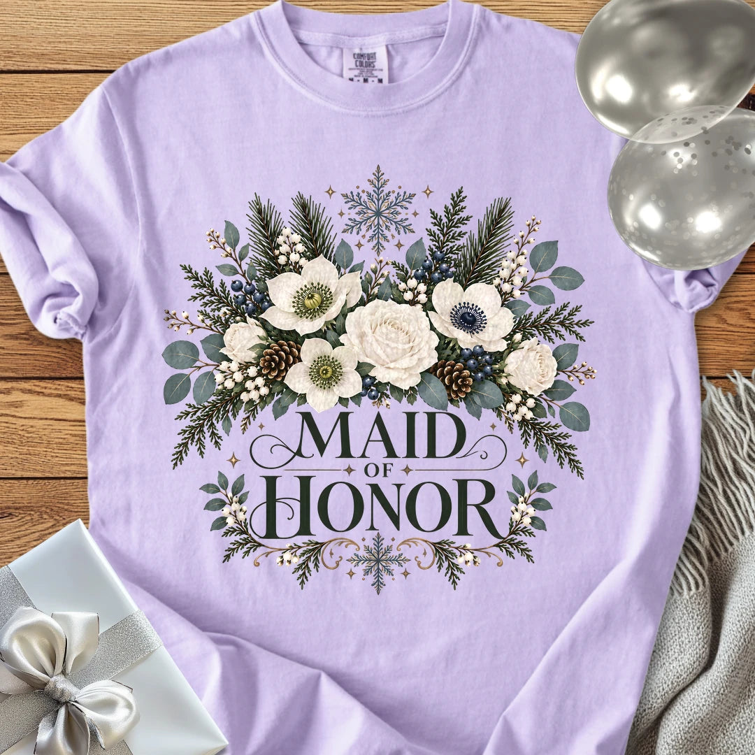 Maid of Honor - Premium Winter Bouquet Wedding T-Shirt - Orchid