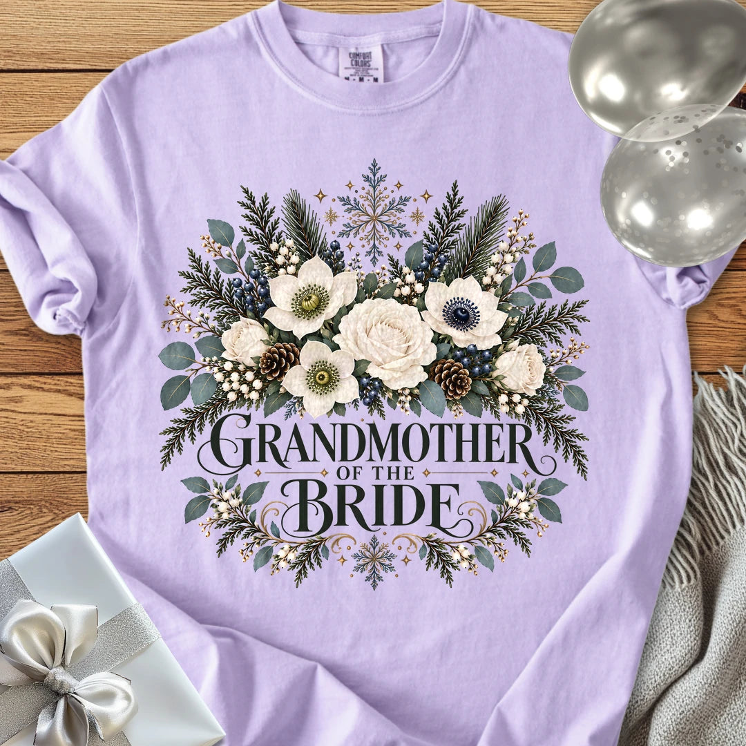 Grandmother of the Bride - Premium Winter Bouquet Wedding T-Shirt - Orchid